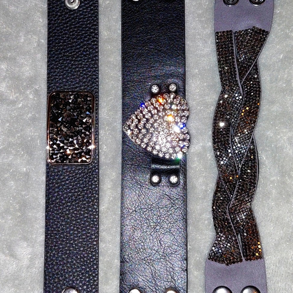 Faux Leather White Rhinestones Bracelets Set of 3